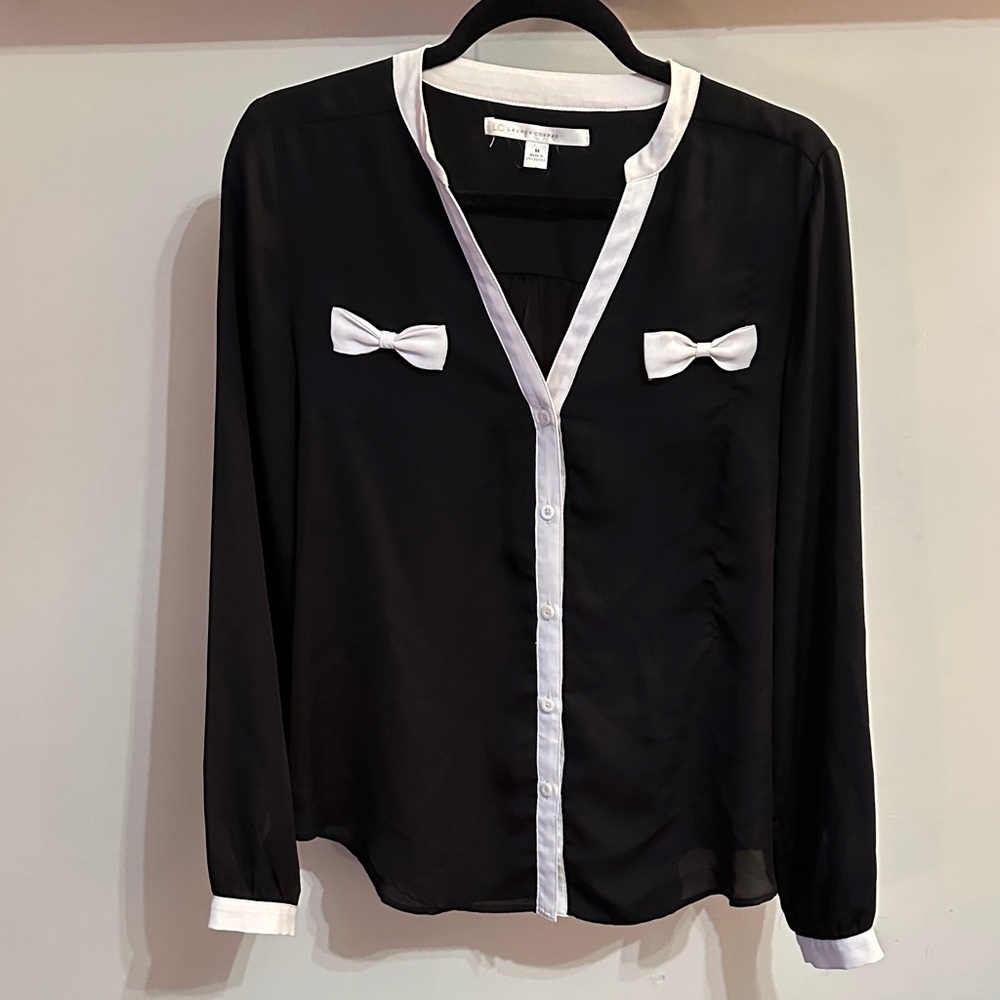Lauren Conrad Black and White Button-Up Blouse with Bow Accents